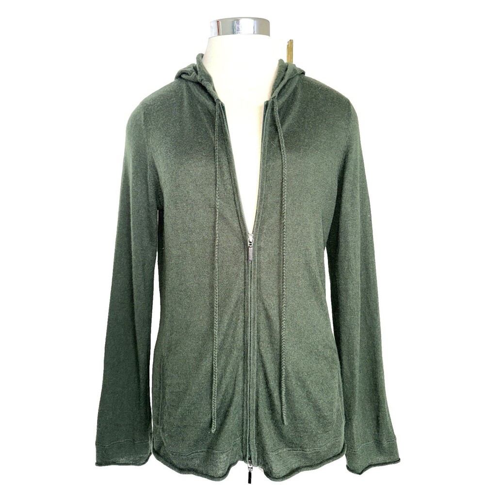 CASHMERE Silk Blend Green Long Sleeve Open Front Zip Hoodie Light Sweater Size L